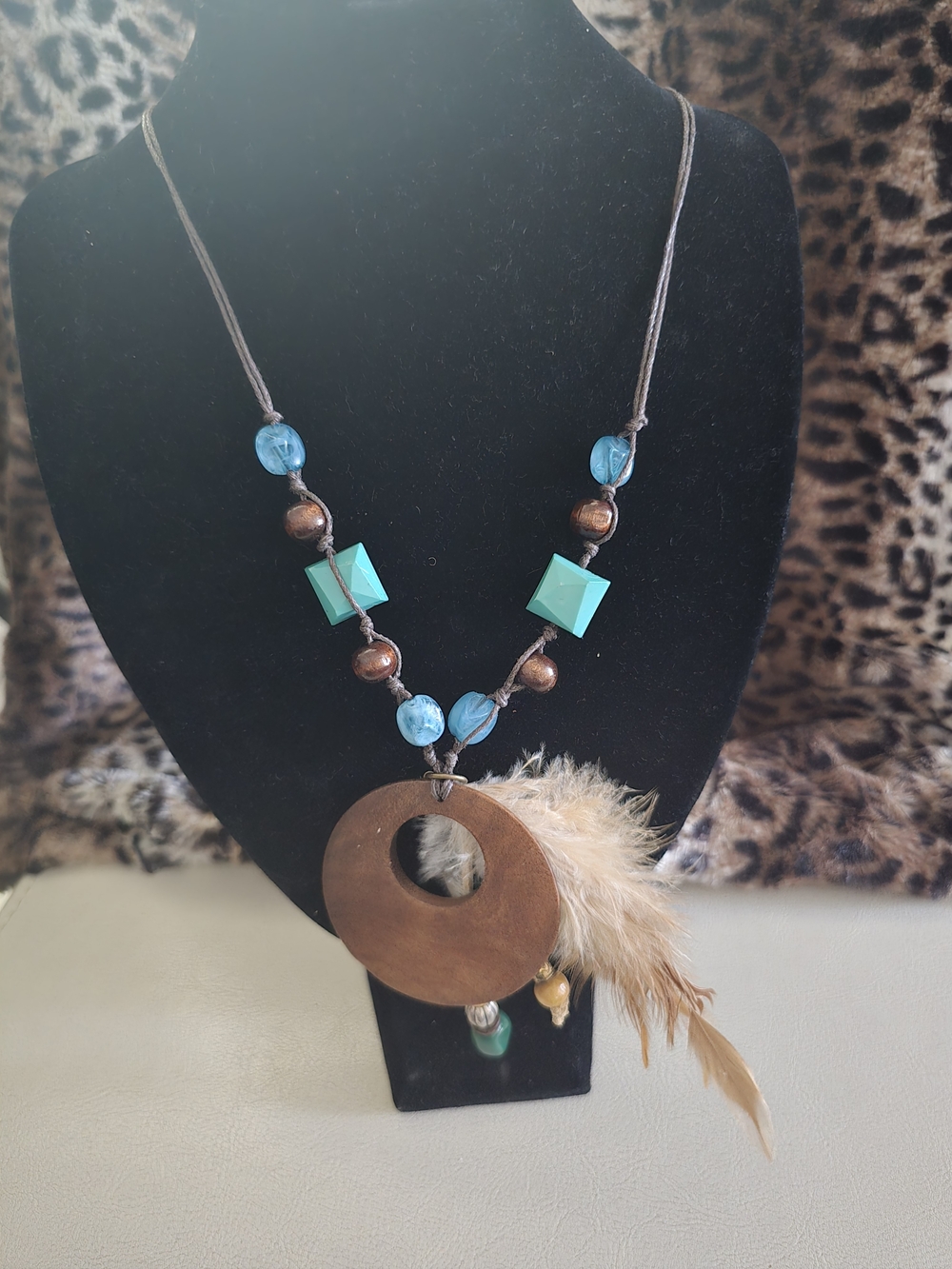Boho Turquoise and Brown Feather Pendant Necklace